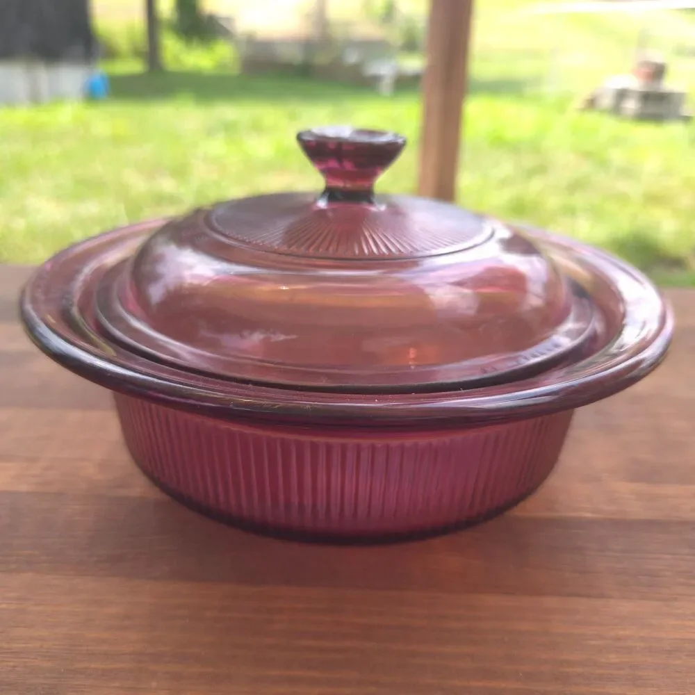 Vintage Corning Visions Cranberry Saucepan & 24 oz Casserole Set w/ Lids USA